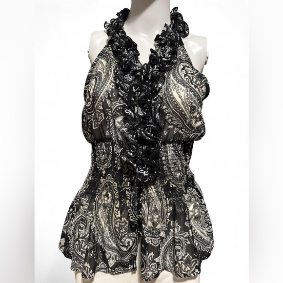 grass collection Tops - grass collection Black & White Sheer Paisley Halter Blouse